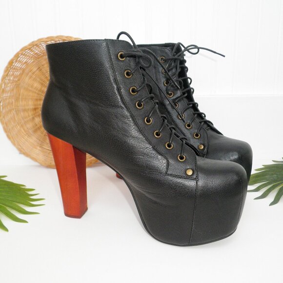 Jeffrey Campbell LITA Platform Heeled Lace-Up Bootie Black Wood Heels 11M Drag - Picture 11 of 15
